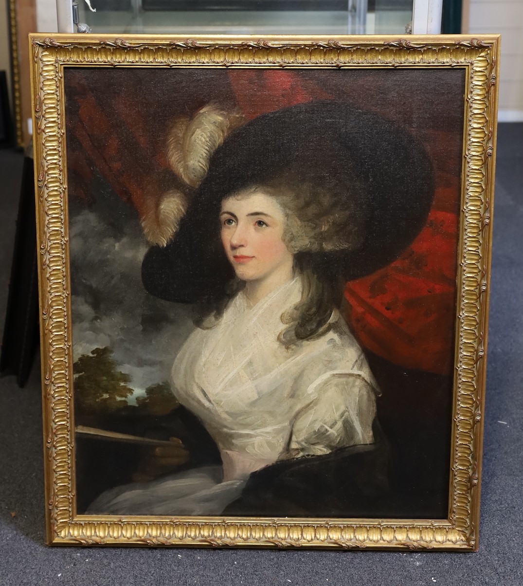 Circle of George Romney (British, 1734-1802), Portrait of a lady, seated, wearing a white dress and a black hat, oil on canvas, 75 x 62cm